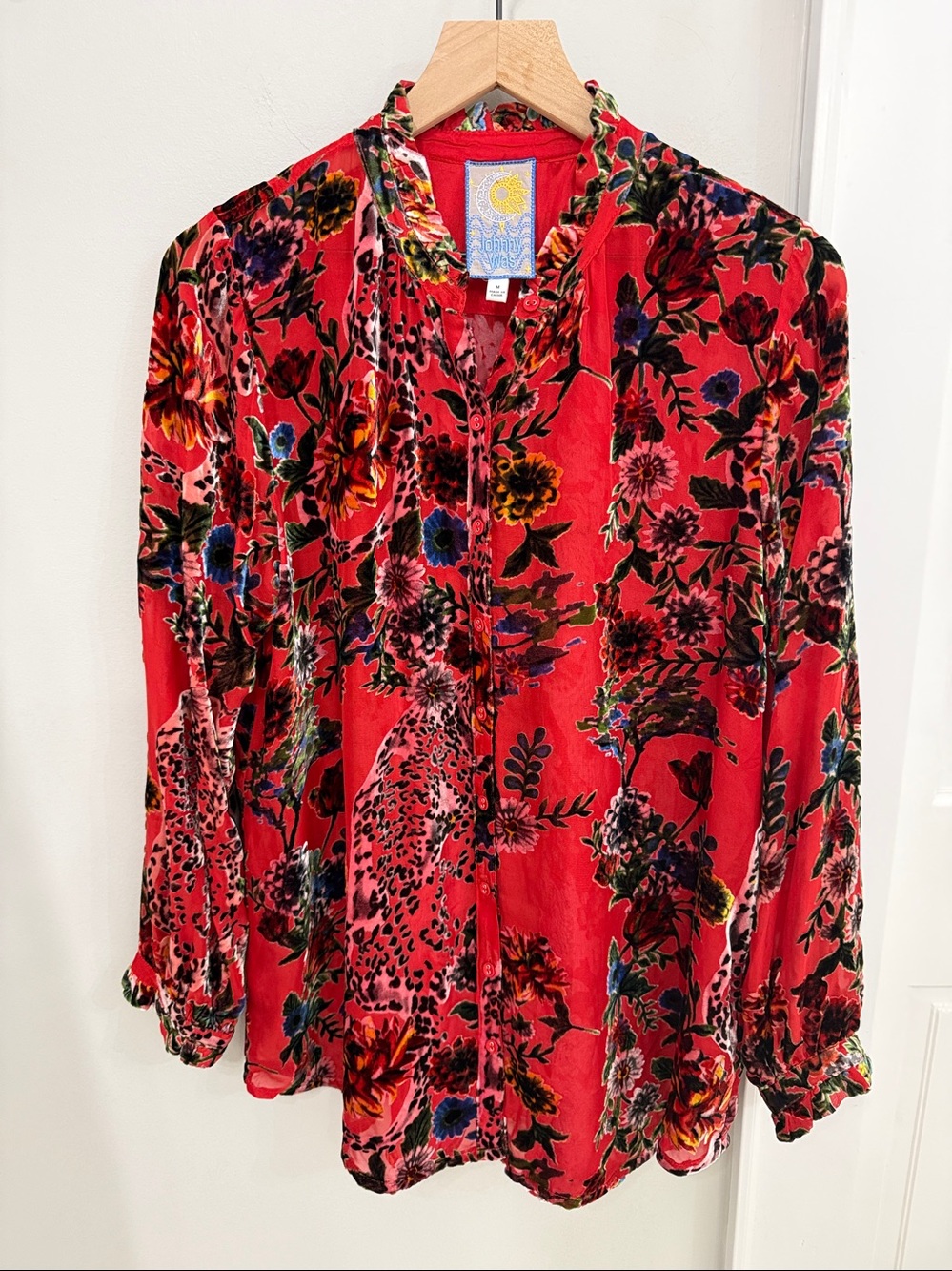 Johnny Was Yoella Floral Velvet Burnout Tunic Blouse Red Bobcat Forest, Size M